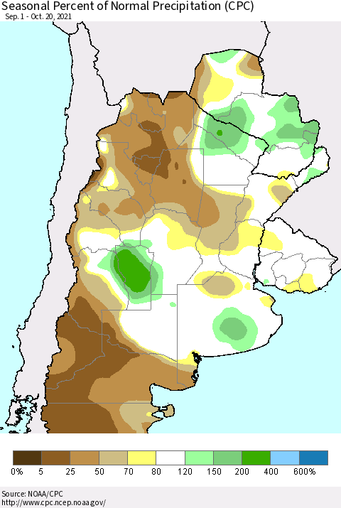 Southern South America Seasonal Percent of Normal Precipitation (CPC) Thematic Map For 9/1/2021 - 10/20/2021