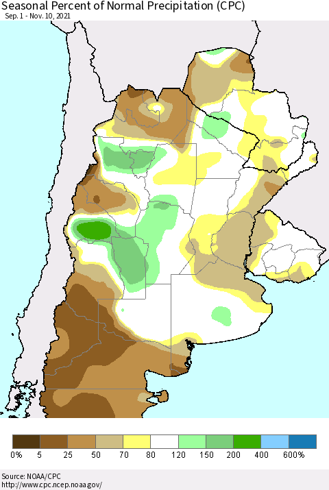 Southern South America Seasonal Percent of Normal Precipitation (CPC) Thematic Map For 9/1/2021 - 11/10/2021