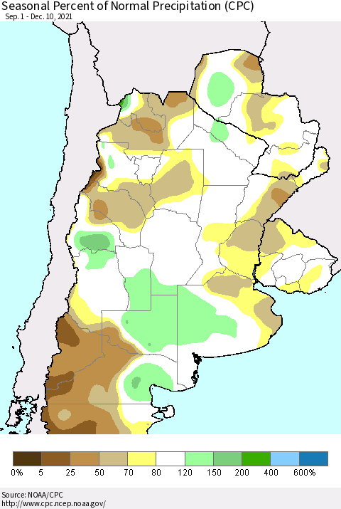 Southern South America Seasonal Percent of Normal Precipitation (CPC) Thematic Map For 9/1/2021 - 12/10/2021