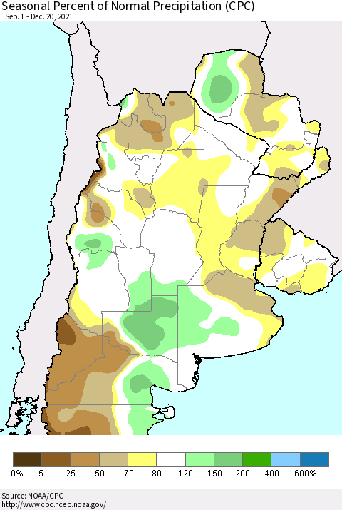 Southern South America Seasonal Percent of Normal Precipitation (CPC) Thematic Map For 9/1/2021 - 12/20/2021