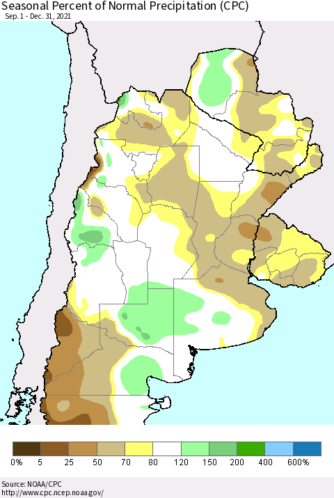 Southern South America Seasonal Percent of Normal Precipitation (CPC) Thematic Map For 9/1/2021 - 12/31/2021