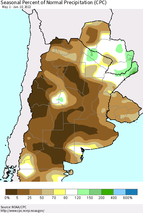 Southern South America Seasonal Percent of Normal Precipitation (CPC) Thematic Map For 5/1/2022 - 6/10/2022