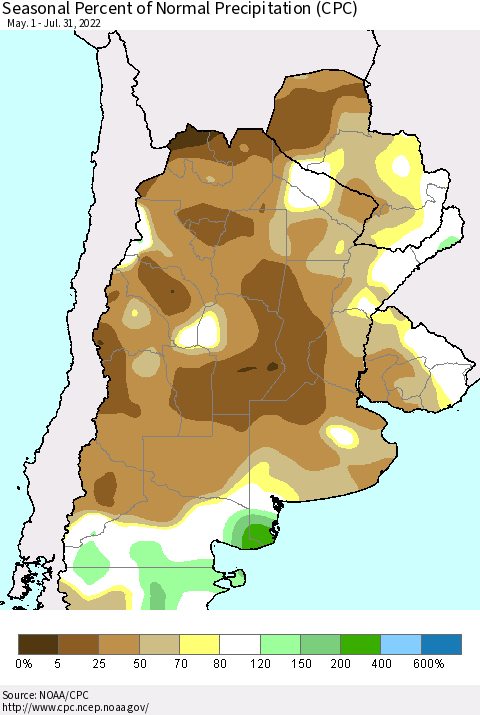 Southern South America Seasonal Percent of Normal Precipitation (CPC) Thematic Map For 5/1/2022 - 7/31/2022