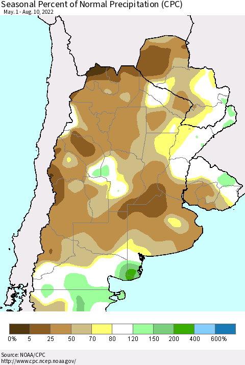 Southern South America Seasonal Percent of Normal Precipitation (CPC) Thematic Map For 5/1/2022 - 8/10/2022