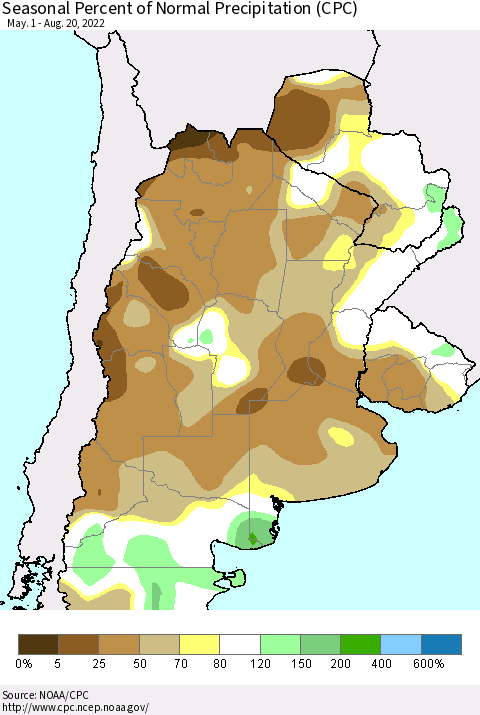 Southern South America Seasonal Percent of Normal Precipitation (CPC) Thematic Map For 5/1/2022 - 8/20/2022