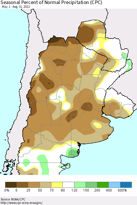 Southern South America Seasonal Percent of Normal Precipitation (CPC) Thematic Map For 5/1/2022 - 8/31/2022