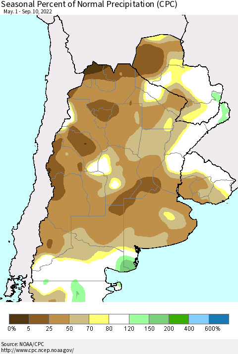 Southern South America Seasonal Percent of Normal Precipitation (CPC) Thematic Map For 5/1/2022 - 9/10/2022
