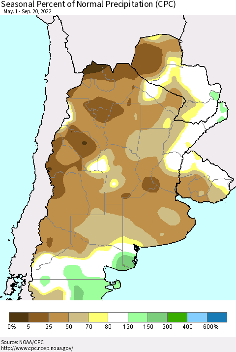 Southern South America Seasonal Percent of Normal Precipitation (CPC) Thematic Map For 5/1/2022 - 9/20/2022