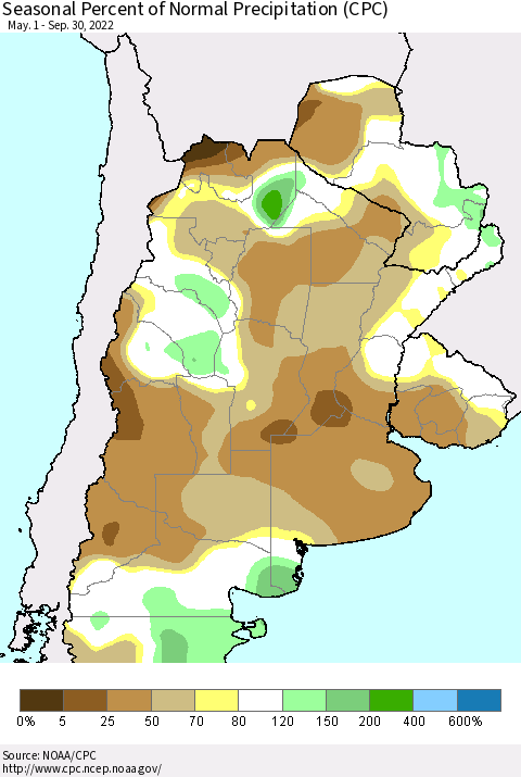 Southern South America Seasonal Percent of Normal Precipitation (CPC) Thematic Map For 5/1/2022 - 9/30/2022