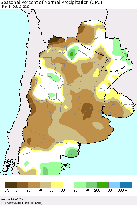 Southern South America Seasonal Percent of Normal Precipitation (CPC) Thematic Map For 5/1/2022 - 10/10/2022