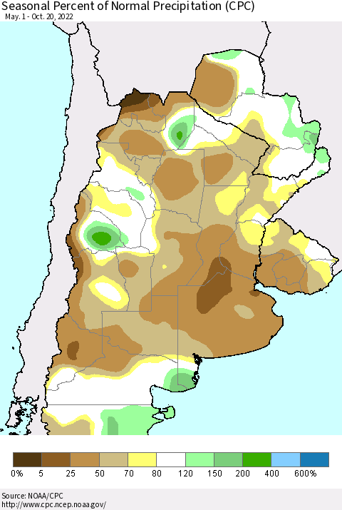 Southern South America Seasonal Percent of Normal Precipitation (CPC) Thematic Map For 5/1/2022 - 10/20/2022