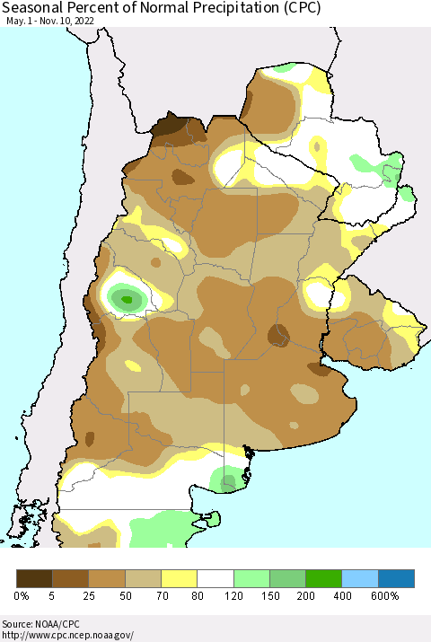 Southern South America Seasonal Percent of Normal Precipitation (CPC) Thematic Map For 5/1/2022 - 11/10/2022