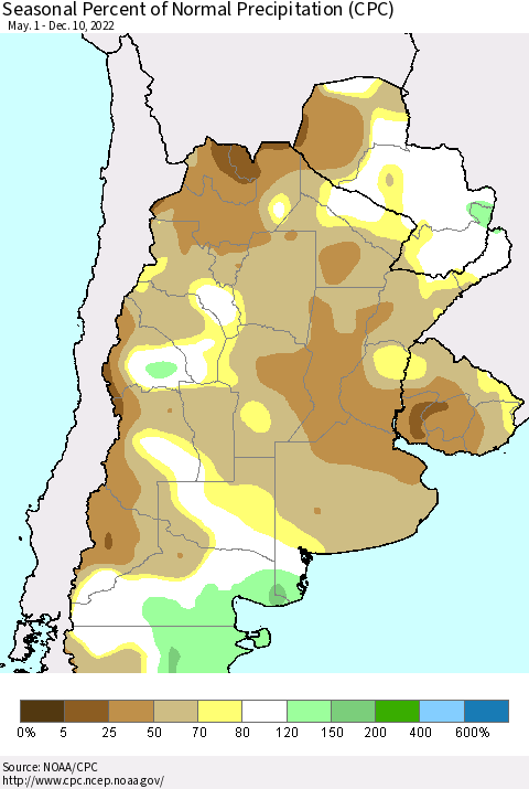 Southern South America Seasonal Percent of Normal Precipitation (CPC) Thematic Map For 5/1/2022 - 12/10/2022