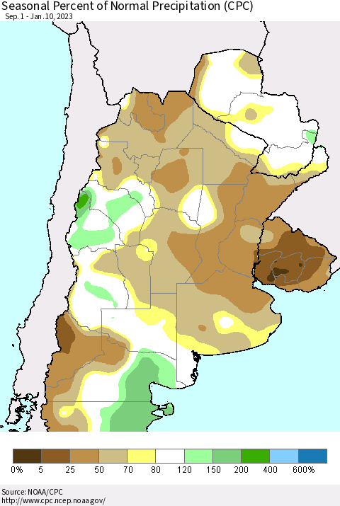Southern South America Seasonal Percent of Normal Precipitation (CPC) Thematic Map For 9/1/2022 - 1/10/2023