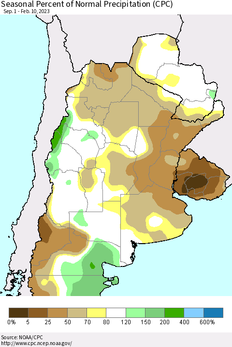 Southern South America Seasonal Percent of Normal Precipitation (CPC) Thematic Map For 9/1/2022 - 2/10/2023