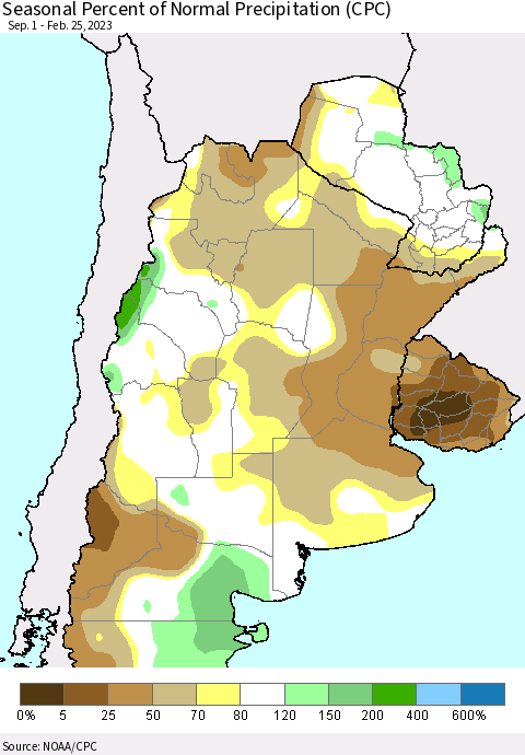 Southern South America Seasonal Percent of Normal Precipitation (CPC) Thematic Map For 9/1/2022 - 2/25/2023