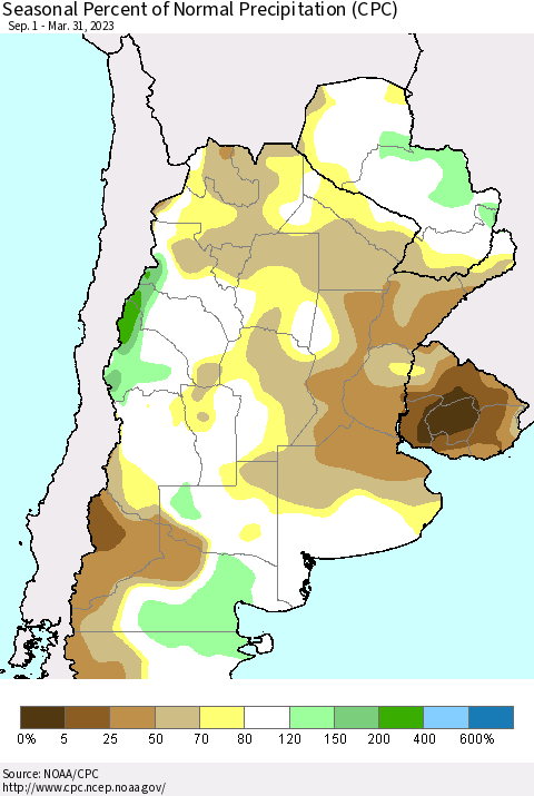 Southern South America Seasonal Percent of Normal Precipitation (CPC) Thematic Map For 9/1/2022 - 3/31/2023
