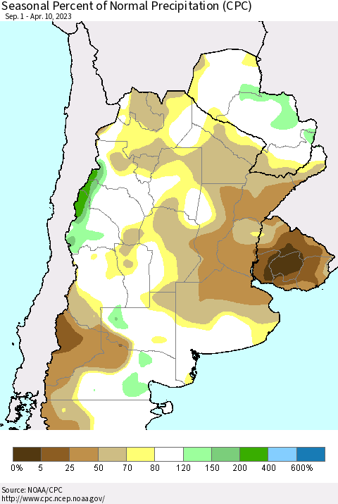 Southern South America Seasonal Percent of Normal Precipitation (CPC) Thematic Map For 9/1/2022 - 4/10/2023