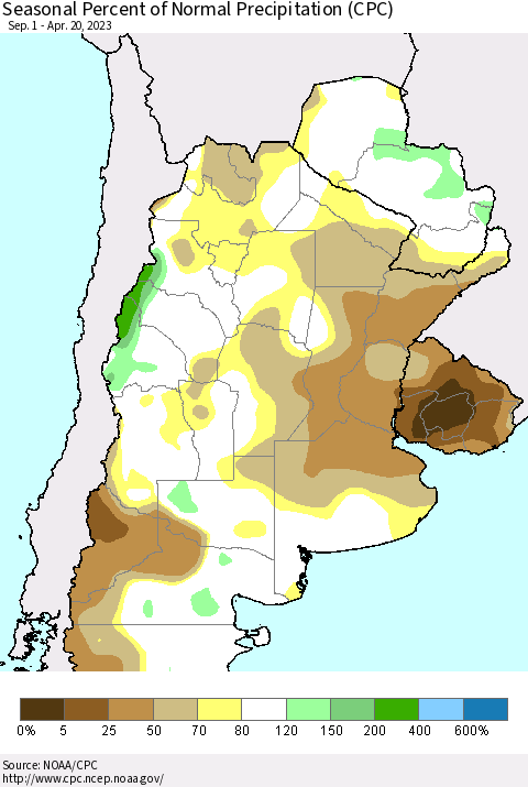 Southern South America Seasonal Percent of Normal Precipitation (CPC) Thematic Map For 9/1/2022 - 4/20/2023