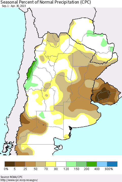 Southern South America Seasonal Percent of Normal Precipitation (CPC) Thematic Map For 9/1/2022 - 4/30/2023