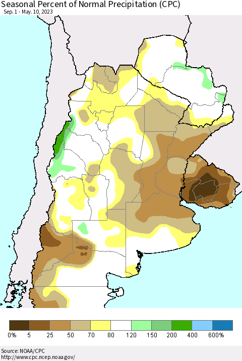 Southern South America Seasonal Percent of Normal Precipitation (CPC) Thematic Map For 9/1/2022 - 5/10/2023