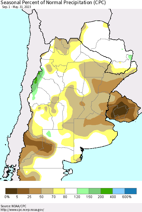 Southern South America Seasonal Percent of Normal Precipitation (CPC) Thematic Map For 9/1/2022 - 5/31/2023