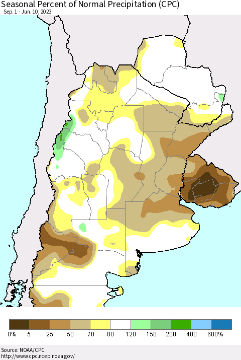 Southern South America Seasonal Percent of Normal Precipitation (CPC) Thematic Map For 9/1/2022 - 6/10/2023