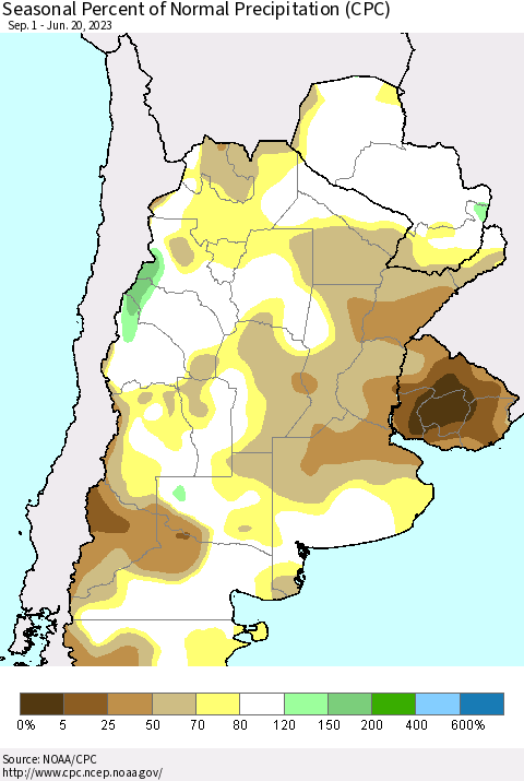 Southern South America Seasonal Percent of Normal Precipitation (CPC) Thematic Map For 9/1/2022 - 6/20/2023