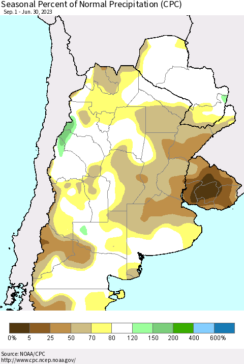 Southern South America Seasonal Percent of Normal Precipitation (CPC) Thematic Map For 9/1/2022 - 6/30/2023
