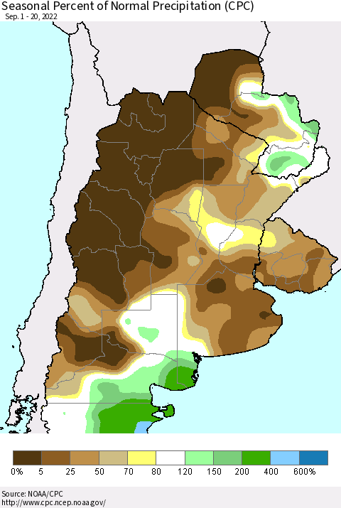 Southern South America Seasonal Percent of Normal Precipitation (CPC) Thematic Map For 9/1/2022 - 9/20/2022