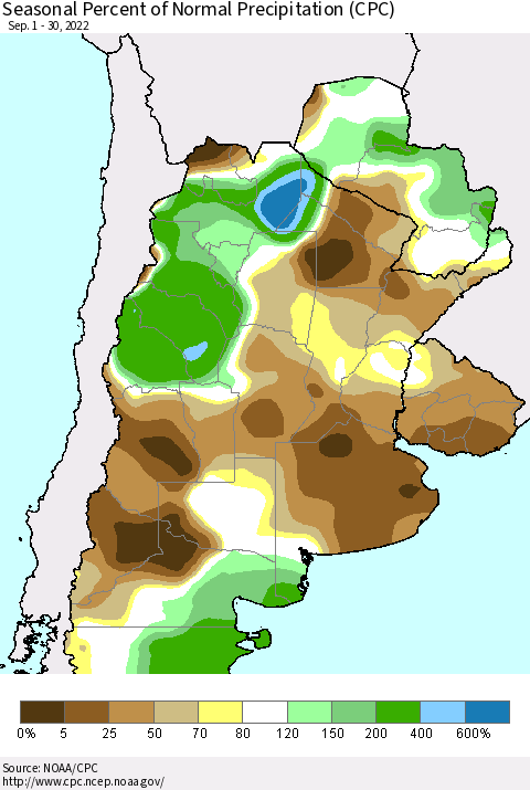 Southern South America Seasonal Percent of Normal Precipitation (CPC) Thematic Map For 9/1/2022 - 9/30/2022