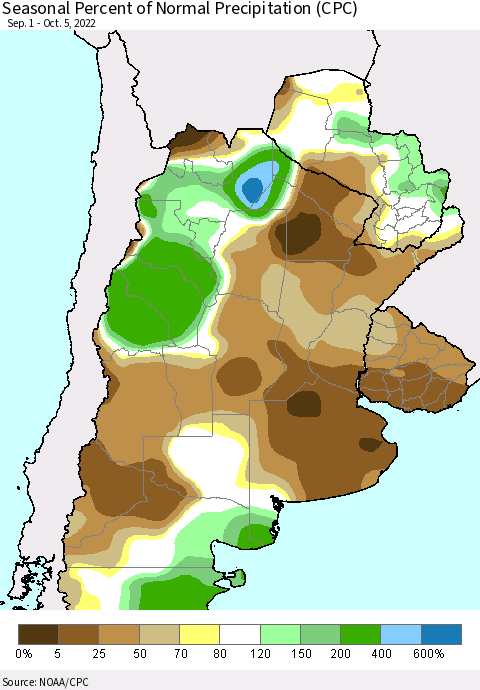 Southern South America Seasonal Percent of Normal Precipitation (CPC) Thematic Map For 9/1/2022 - 10/5/2022