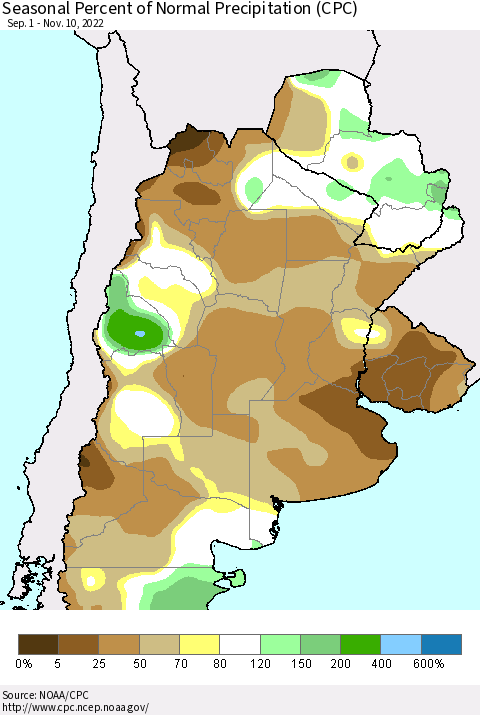 Southern South America Seasonal Percent of Normal Precipitation (CPC) Thematic Map For 9/1/2022 - 11/10/2022