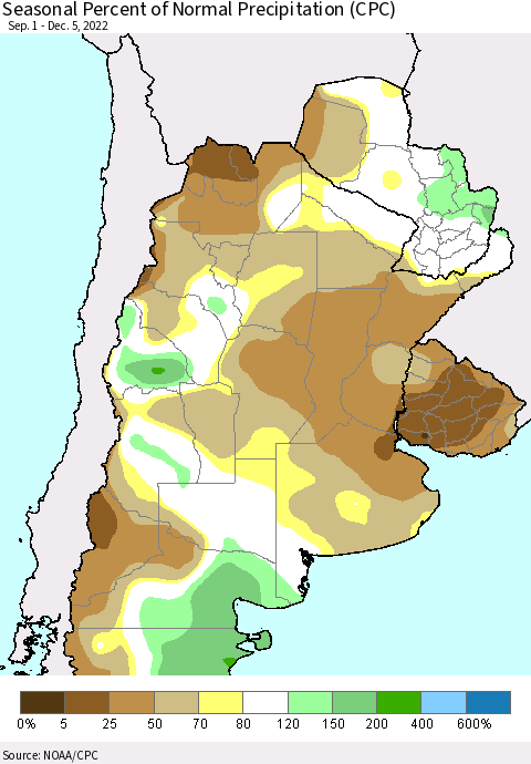 Southern South America Seasonal Percent of Normal Precipitation (CPC) Thematic Map For 9/1/2022 - 12/5/2022