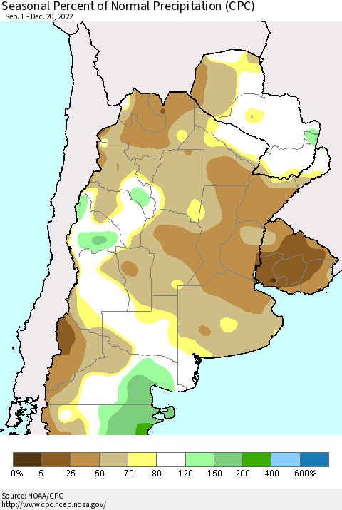 Southern South America Seasonal Percent of Normal Precipitation (CPC) Thematic Map For 9/1/2022 - 12/20/2022