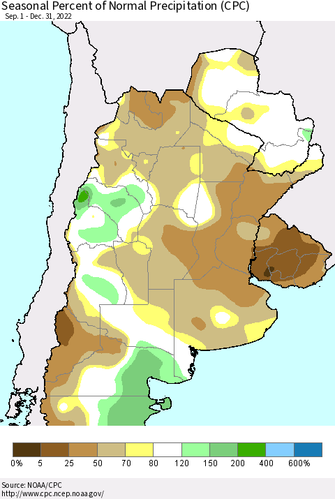 Southern South America Seasonal Percent of Normal Precipitation (CPC) Thematic Map For 9/1/2022 - 12/31/2022