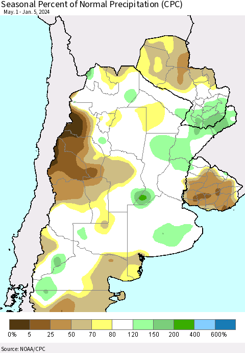 Southern South America Seasonal Percent of Normal Precipitation (CPC) Thematic Map For 5/1/2023 - 1/5/2024