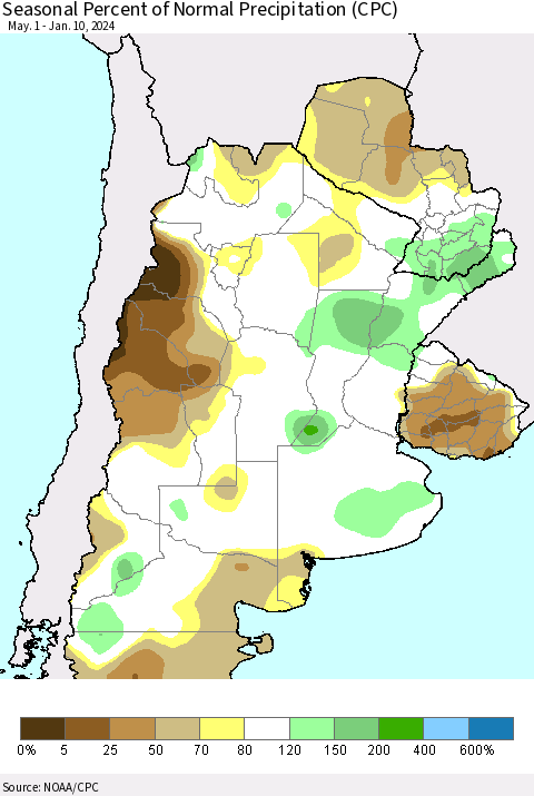 Southern South America Seasonal Percent of Normal Precipitation (CPC) Thematic Map For 5/1/2023 - 1/10/2024