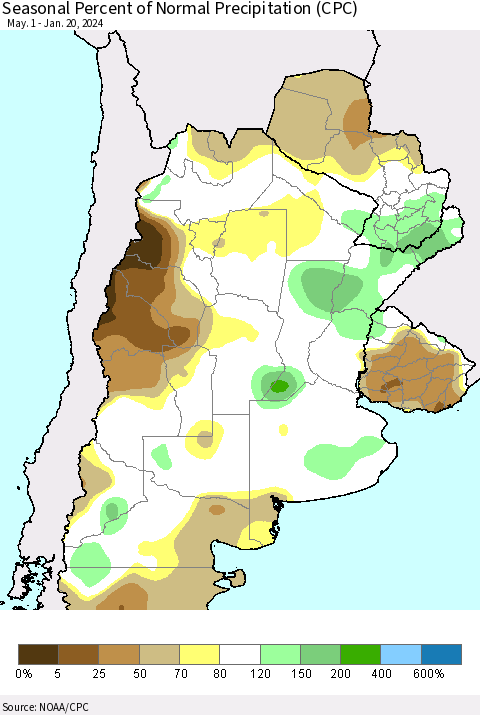 Southern South America Seasonal Percent of Normal Precipitation (CPC) Thematic Map For 5/1/2023 - 1/20/2024