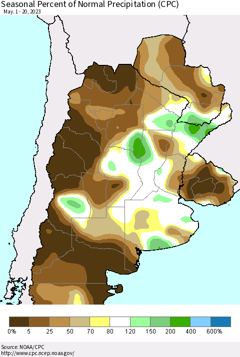 Southern South America Seasonal Percent of Normal Precipitation (CPC) Thematic Map For 5/1/2023 - 5/20/2023