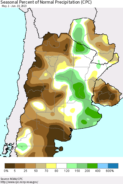 Southern South America Seasonal Percent of Normal Precipitation (CPC) Thematic Map For 5/1/2023 - 6/10/2023
