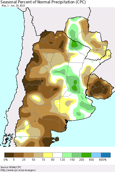 Southern South America Seasonal Percent of Normal Precipitation (CPC) Thematic Map For 5/1/2023 - 6/20/2023
