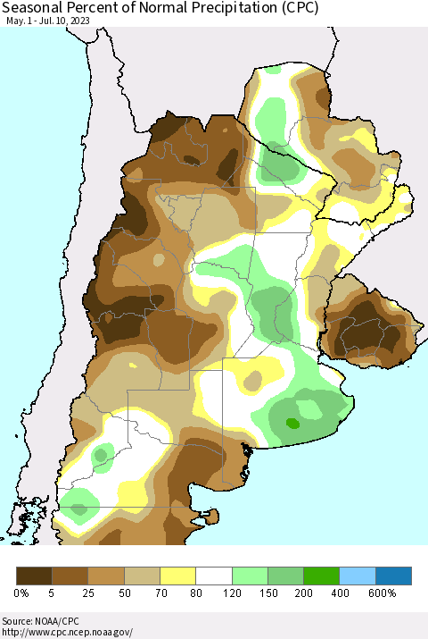 Southern South America Seasonal Percent of Normal Precipitation (CPC) Thematic Map For 5/1/2023 - 7/10/2023