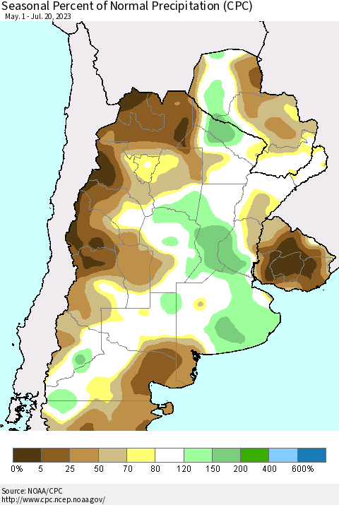 Southern South America Seasonal Percent of Normal Precipitation (CPC) Thematic Map For 5/1/2023 - 7/20/2023