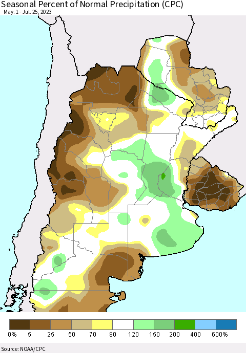 Southern South America Seasonal Percent of Normal Precipitation (CPC) Thematic Map For 5/1/2023 - 7/25/2023