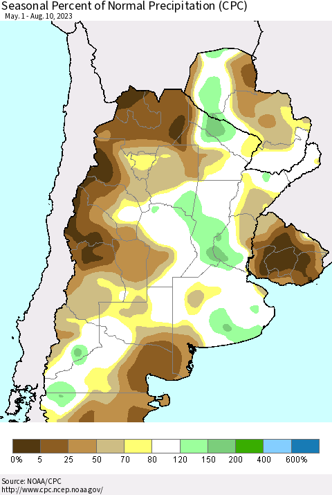 Southern South America Seasonal Percent of Normal Precipitation (CPC) Thematic Map For 5/1/2023 - 8/10/2023