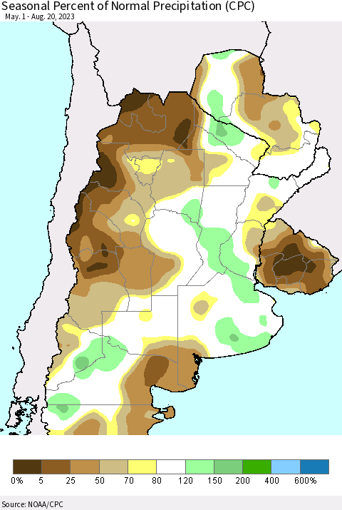 Southern South America Seasonal Percent of Normal Precipitation (CPC) Thematic Map For 5/1/2023 - 8/20/2023