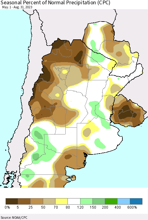 Southern South America Seasonal Percent of Normal Precipitation (CPC) Thematic Map For 5/1/2023 - 8/31/2023