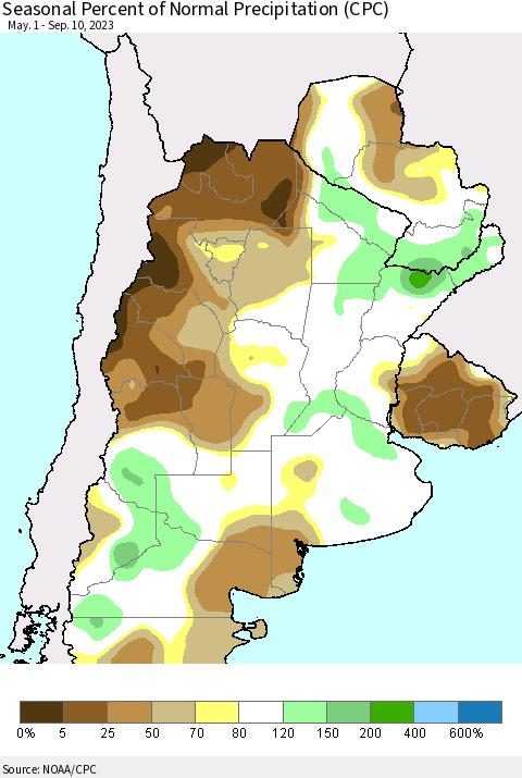 Southern South America Seasonal Percent of Normal Precipitation (CPC) Thematic Map For 5/1/2023 - 9/10/2023