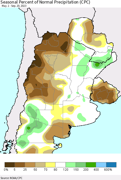 Southern South America Seasonal Percent of Normal Precipitation (CPC) Thematic Map For 5/1/2023 - 9/20/2023